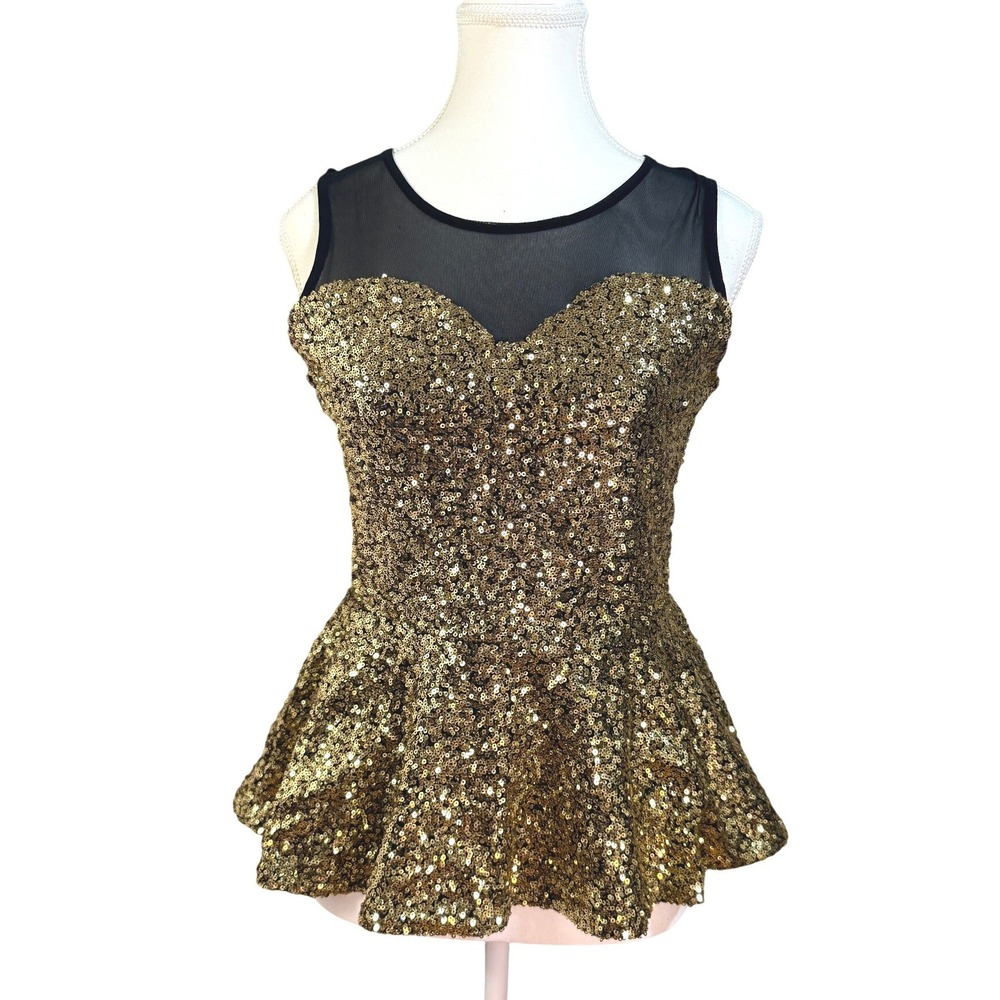 Gianni Bini Peplum Top Small Gold Sequin‎ Mesh Sleeveless Disco Partywear NYE